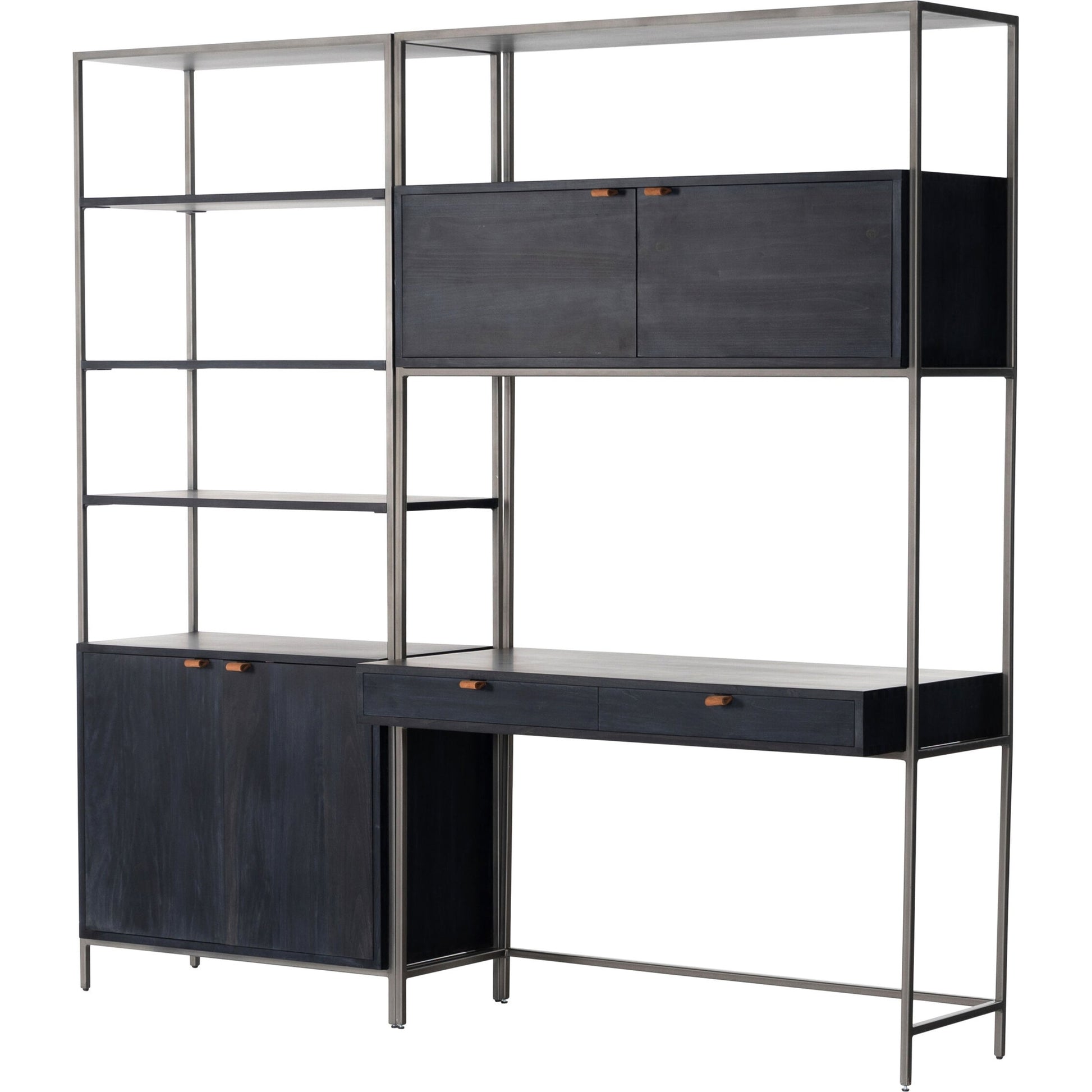 Trey Modular Wall Desk with Bookcase by Four Hands. Made from solid poplar, top grain leather, iron in a modern style.
