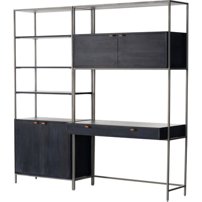 Trey Modular Wall Desk with Bookcase by Four Hands. Made from solid poplar, top grain leather, iron in a modern style.