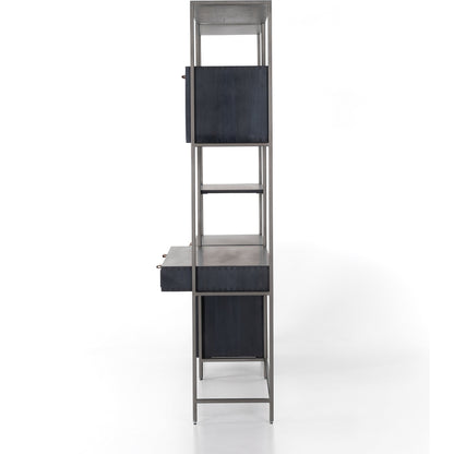 Trey Modular Wall Desk with Bookcase by Four Hands. Made from solid poplar, top grain leather, iron in a modern style.