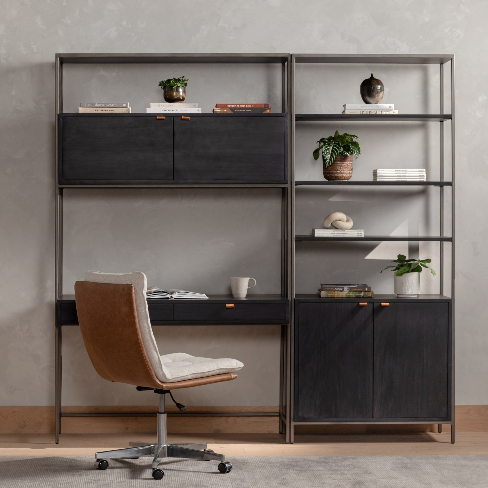 Trey Modular Wall Desk with Bookcase by Four Hands. Made from solid poplar, top grain leather, iron in a modern style.