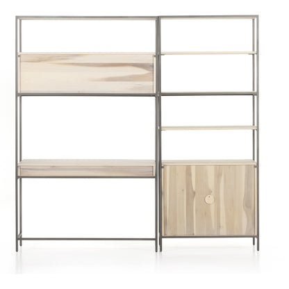 Trey Modular Wall Desk with Bookcase by Four Hands. Made from solid poplar, top grain leather, iron in a modern style.