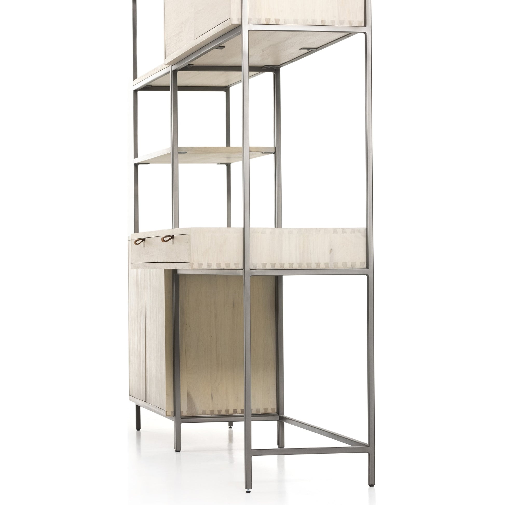 Trey Modular Wall Desk with Bookcase by Four Hands. Made from solid poplar, top grain leather, iron in a modern style.