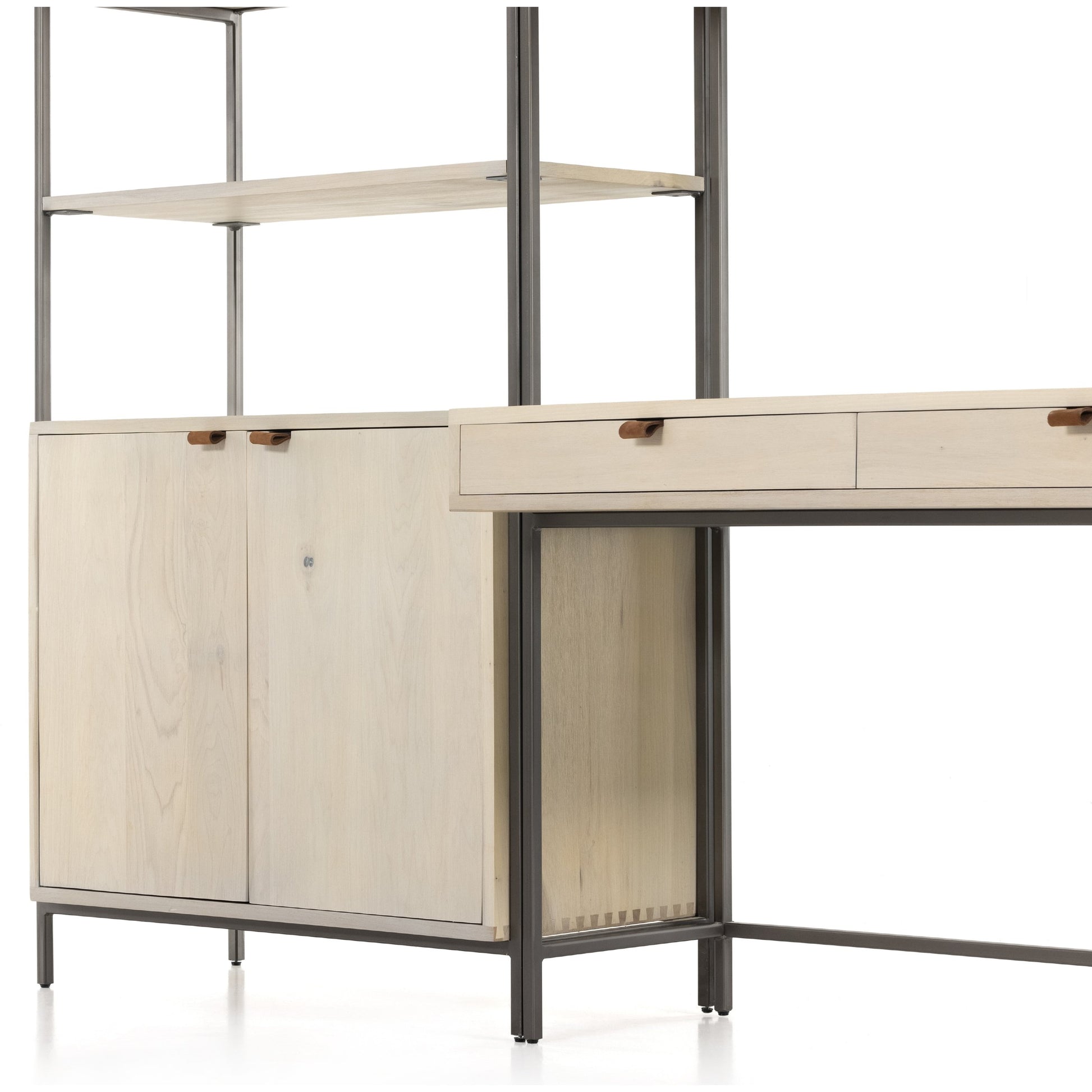 Trey Modular Wall Desk with Bookcase by Four Hands. Made from solid poplar, top grain leather, iron in a modern style.