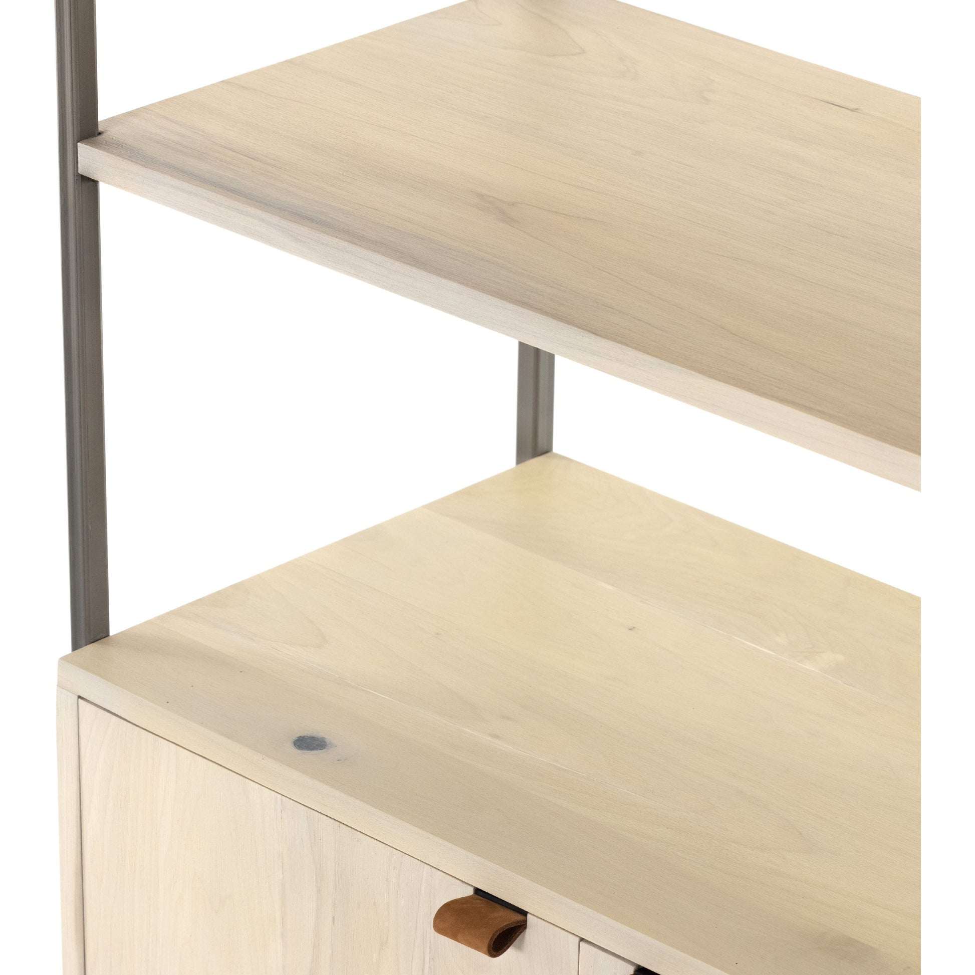 Trey Modular Wall Desk with Bookcase by Four Hands. Made from solid poplar, top grain leather, iron in a modern style.