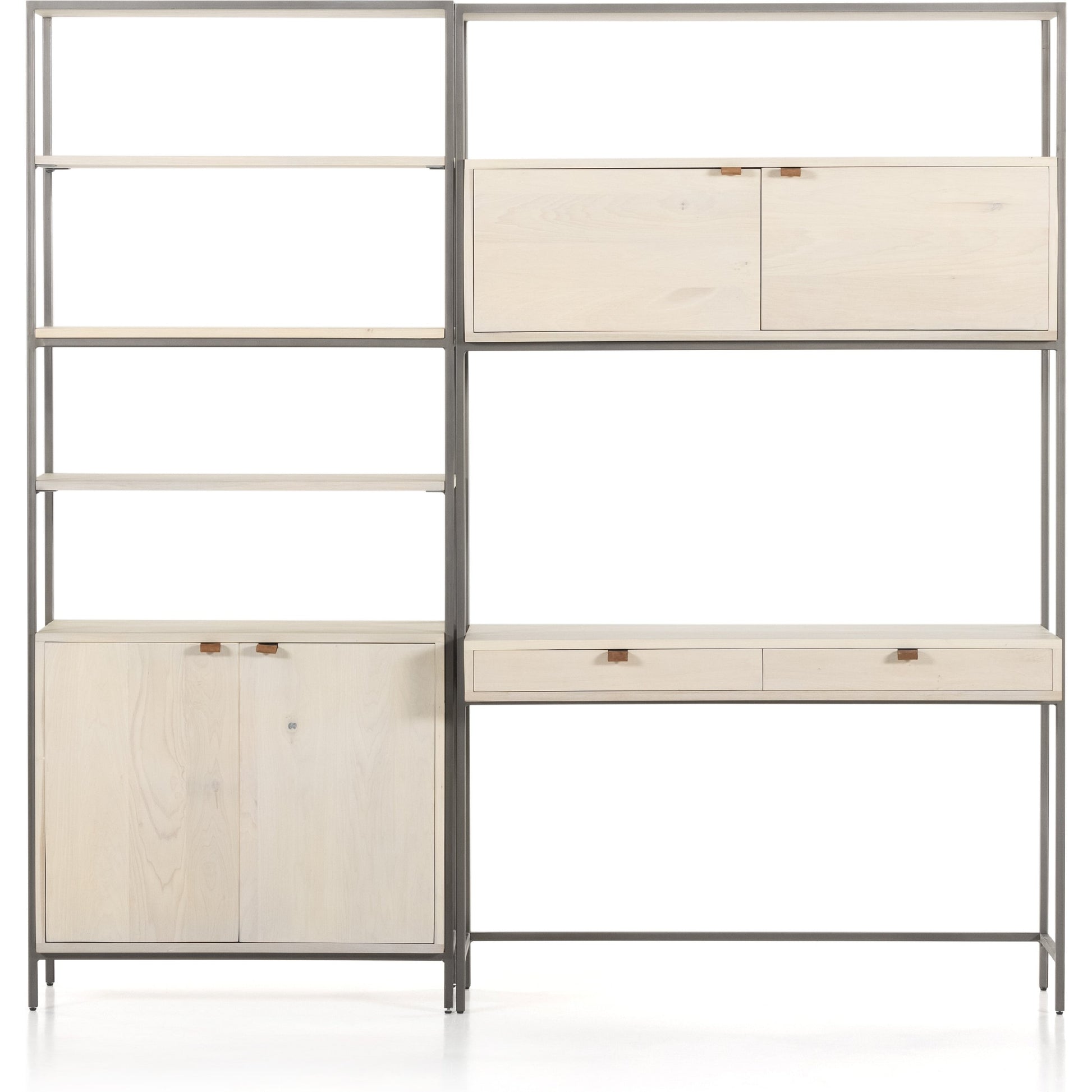 Trey Modular Wall Desk with Bookcase by Four Hands. Made from solid poplar, top grain leather, iron in a modern style.