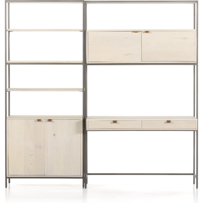 Trey Modular Wall Desk with Bookcase by Four Hands. Made from solid poplar, top grain leather, iron in a modern style.