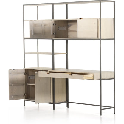 Trey Modular Wall Desk with Bookcase by Four Hands. Made from solid poplar, top grain leather, iron in a modern style.