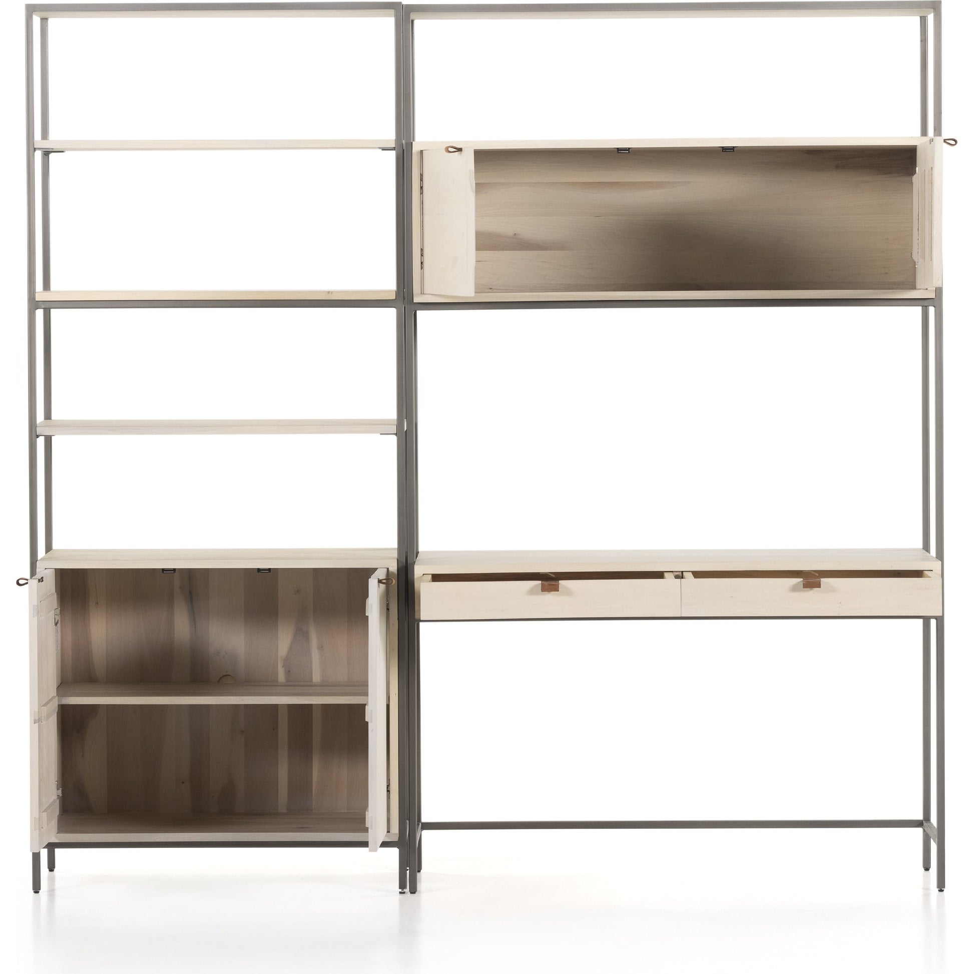 Trey Modular Wall Desk with Bookcase by Four Hands. Made from solid poplar, top grain leather, iron in a modern style.