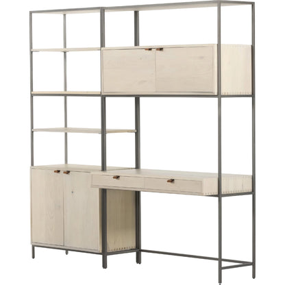 Trey Modular Wall Desk with Bookcase by Four Hands. Made from solid poplar, top grain leather, iron in a modern style.