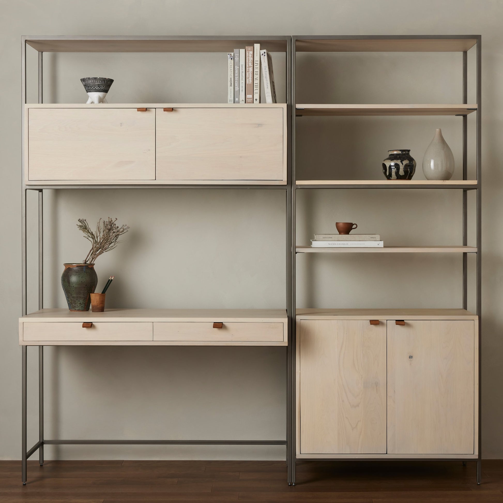 Trey Modular Wall Desk with Bookcase by Four Hands. Made from solid poplar, top grain leather, iron in a modern style.