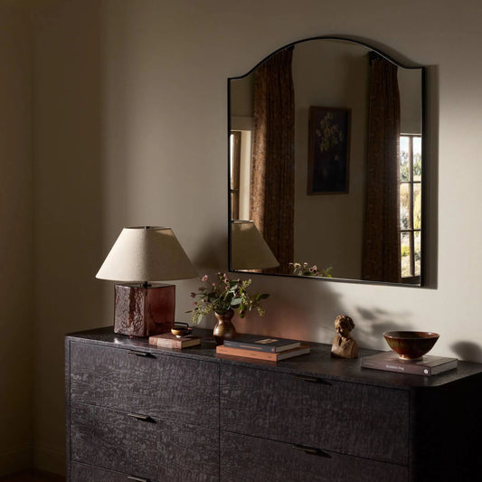 Jacques II Mirror by Four Hands in gunmetal. Made from iron, engineered hardwood, mirror in a modern style.