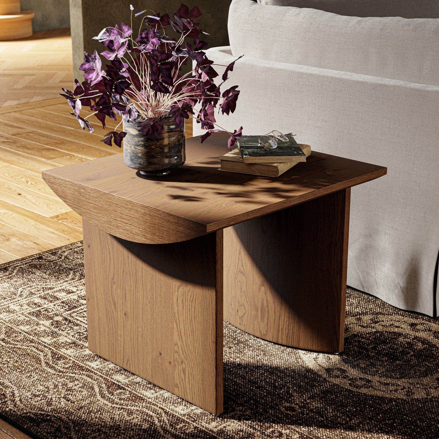 009 SI-1799949 | Lifestyle | Pickford End Table by Four Hands in dusted oak thin veneer, dusted oak veneer and dusted oak. Made from thick oak veneer in a modern style.