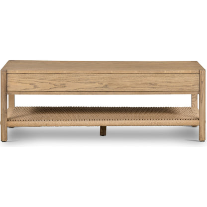 Zuma Coffee Table by Four Hands in dune ash, gunmetal, natural paper cord and dune ash. Made from solid ash, rush in a coastal style.