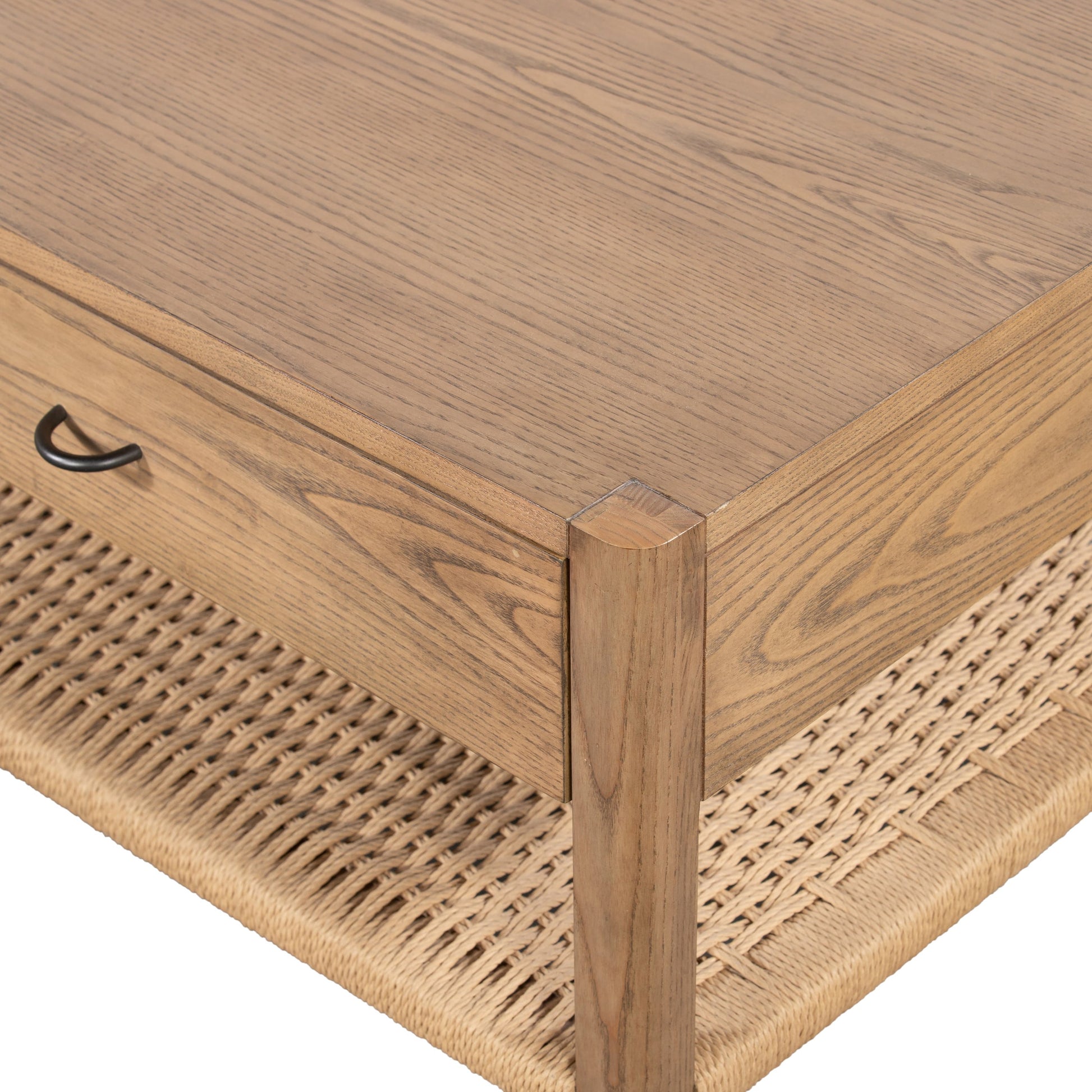 Zuma Coffee Table by Four Hands in dune ash, gunmetal, natural paper cord and dune ash. Made from solid ash, rush in a coastal style.