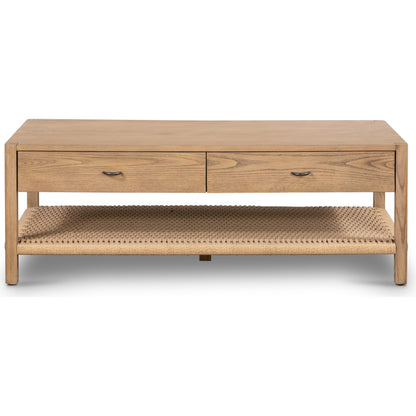 Zuma Coffee Table by Four Hands in dune ash, gunmetal, natural paper cord and dune ash. Made from solid ash, rush in a coastal style.