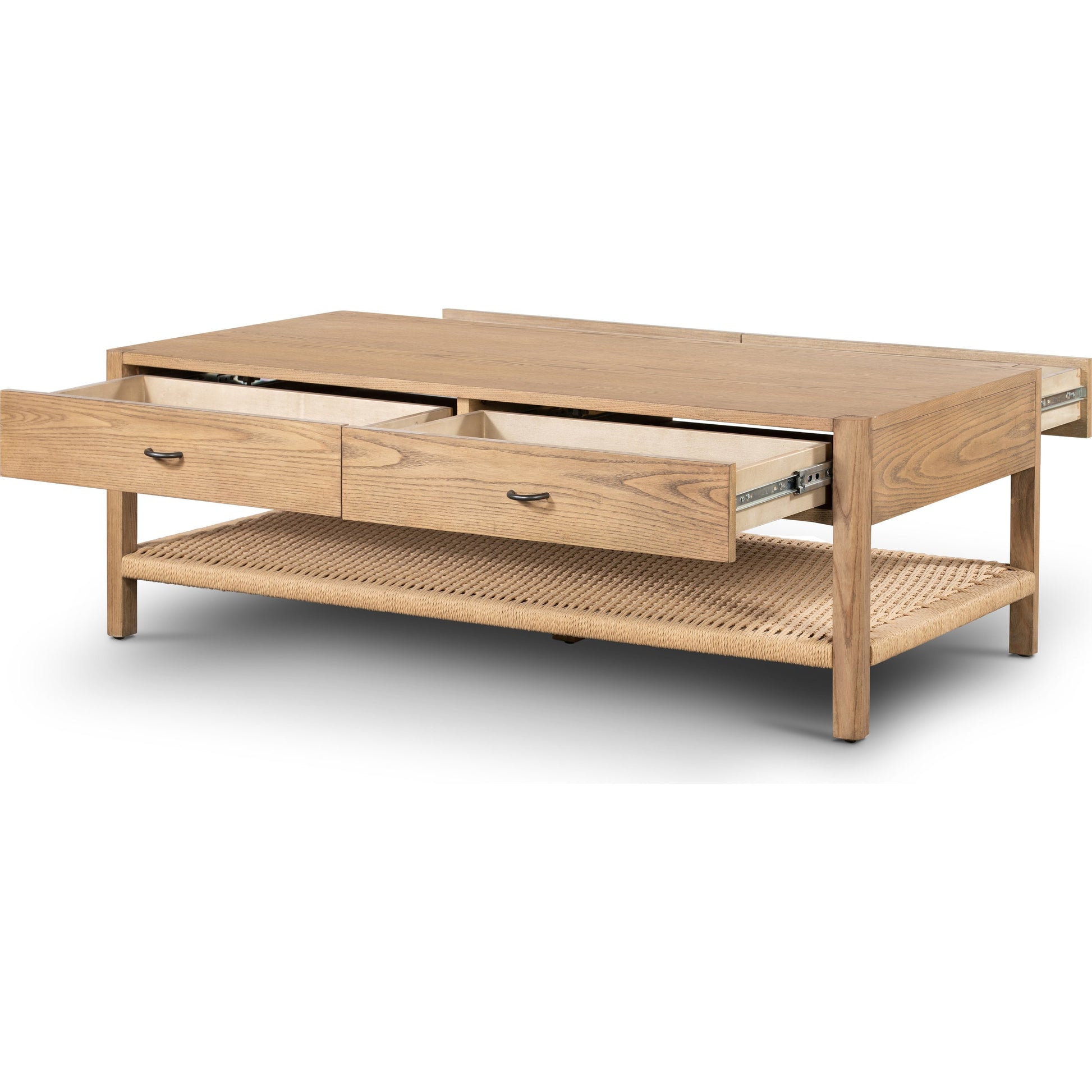 Zuma Coffee Table by Four Hands in dune ash, gunmetal, natural paper cord and dune ash. Made from solid ash, rush in a coastal style.