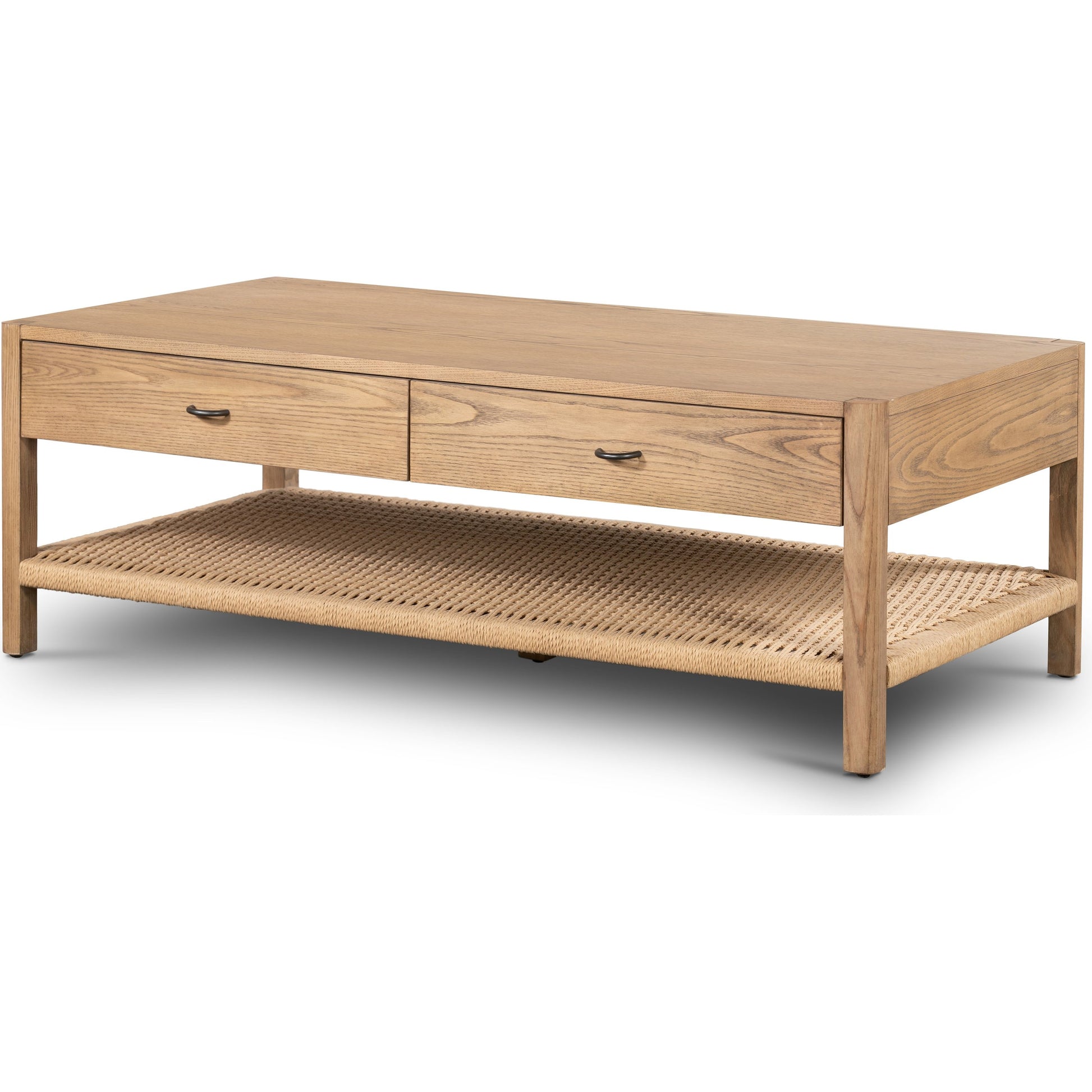 Zuma Coffee Table by Four Hands in dune ash, gunmetal, natural paper cord and dune ash. Made from solid ash, rush in a coastal style.