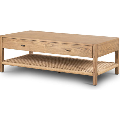 Zuma Coffee Table by Four Hands in dune ash, gunmetal, natural paper cord and dune ash. Made from solid ash, rush in a coastal style.