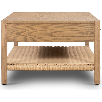 Zuma Coffee Table by Four Hands in dune ash, gunmetal, natural paper cord and dune ash. Made from solid ash, rush in a coastal style.