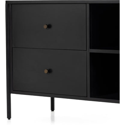 Soto Media Console by Four Hands in black, weathered bronze and black. Made from iron in a modern style.