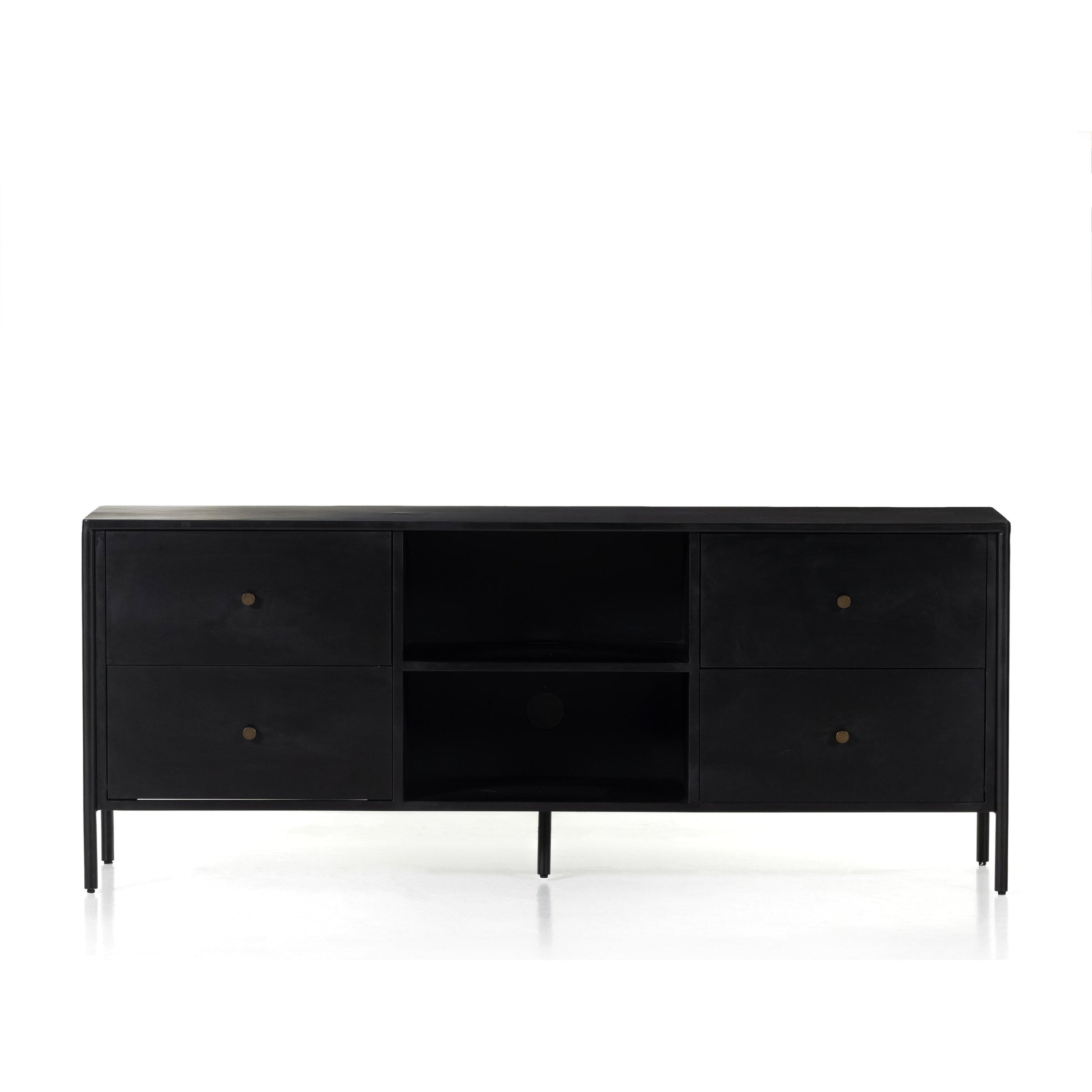 Soto Media Console by Four Hands in black, weathered bronze and black. Made from iron in a modern style.