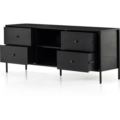 Soto Media Console by Four Hands in black, weathered bronze and black. Made from iron in a modern style.