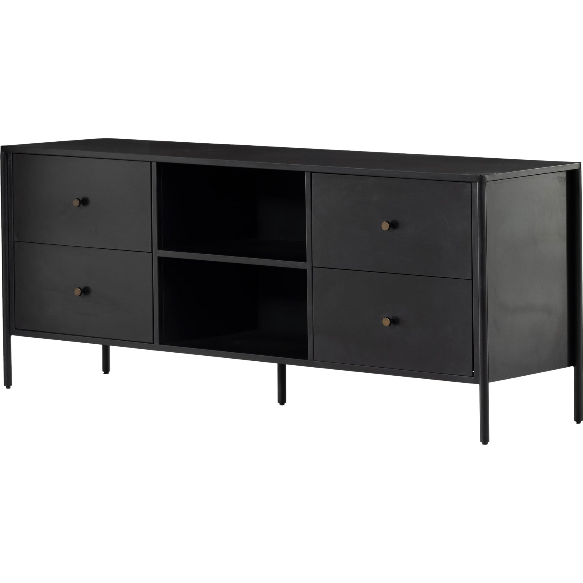 Soto Media Console by Four Hands in black, weathered bronze and black. Made from iron in a modern style.