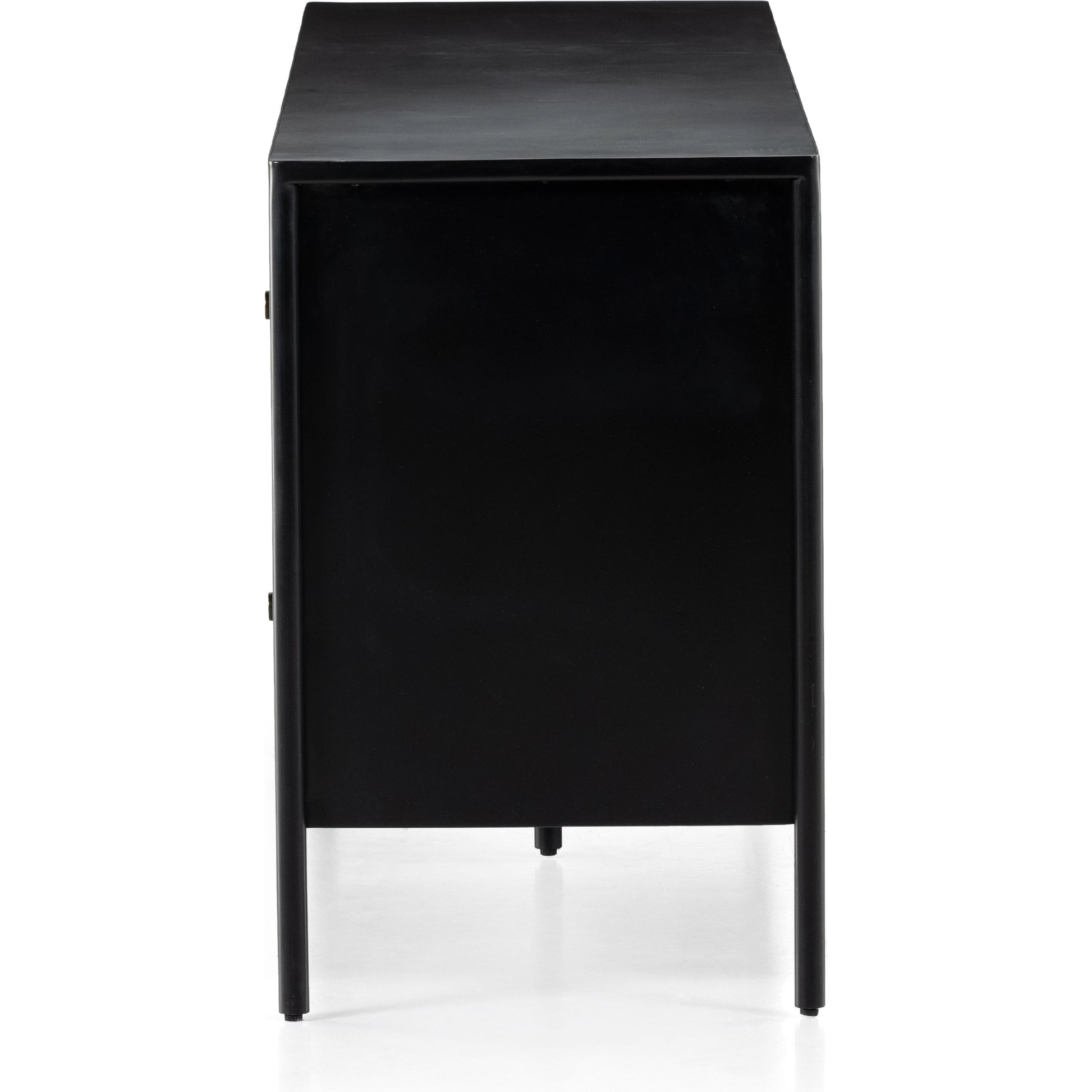 Soto Media Console by Four Hands in black, weathered bronze and black. Made from iron in a modern style.