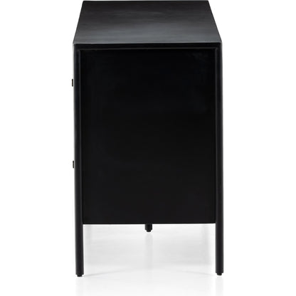 Soto Media Console by Four Hands in black, weathered bronze and black. Made from iron in a modern style.