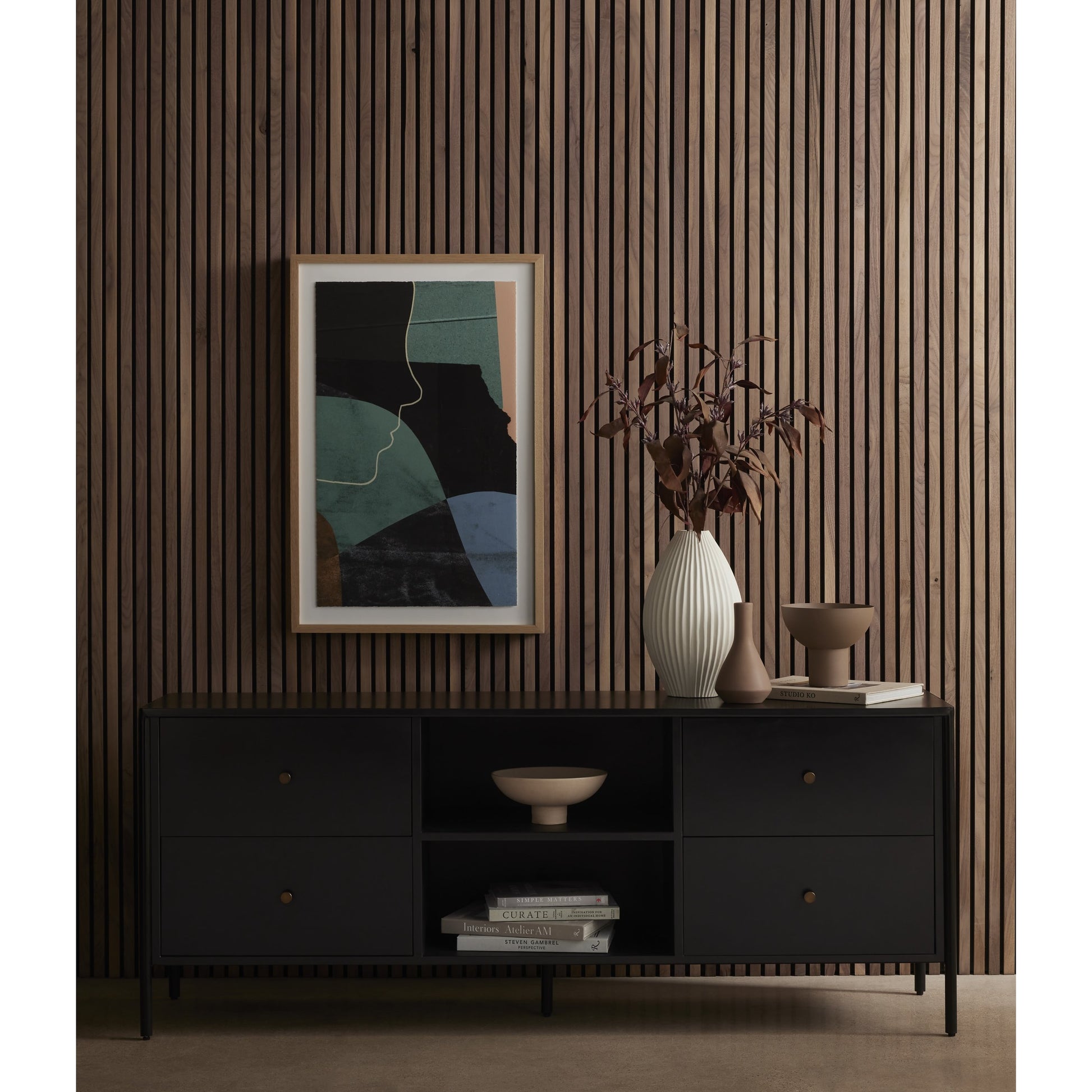 Soto Media Console by Four Hands in black, weathered bronze and black. Made from iron in a modern style.
