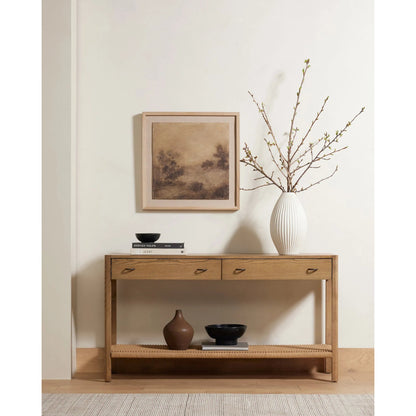 Zuma Console by Four Hands in dune ash, gunmetal, natural paper cord. Made from solid ash, rush in a coastal style.