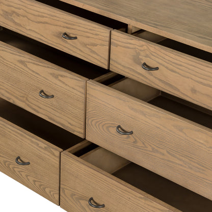 Zuma 6 Drawer Dresser by Four Hands in dune ash, gunmetal, natural paper cord and dune ash. Made from solid ash, rush in a transitional style.