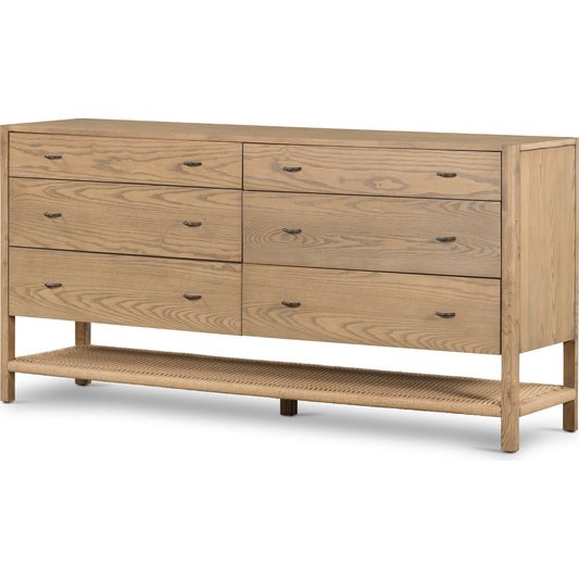 Zuma 6 Drawer Dresser by Four Hands in dune ash, gunmetal, natural paper cord and dune ash. Made from solid ash, rush in a transitional style.