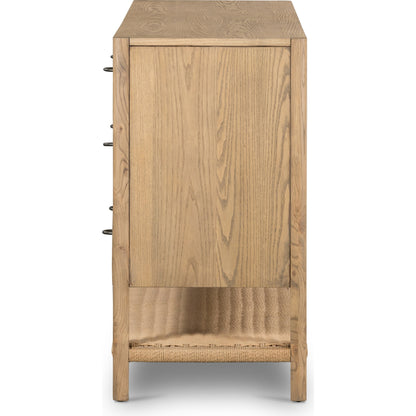 Zuma 6 Drawer Dresser by Four Hands in dune ash, gunmetal, natural paper cord and dune ash. Made from solid ash, rush in a transitional style.