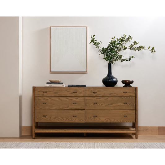 Zuma 6 Drawer Dresser by Four Hands in dune ash, gunmetal, natural paper cord and dune ash. Made from solid ash, rush in a transitional style.