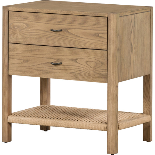 Zuma Nightstand by Four Hands in dune ash veneer, gunmetal, natural paper cord and dune ash. Made from ash veneer, rush in a cottage & farmhouse style.