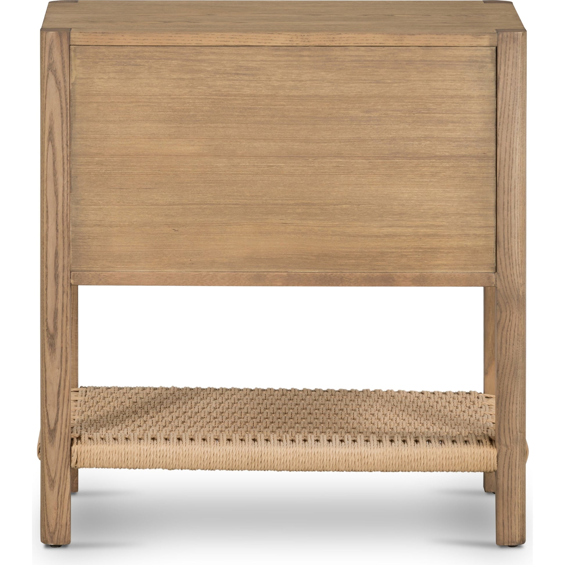 Zuma Nightstand by Four Hands in dune ash veneer, gunmetal, natural paper cord and dune ash. Made from ash veneer, rush in a cottage & farmhouse style.