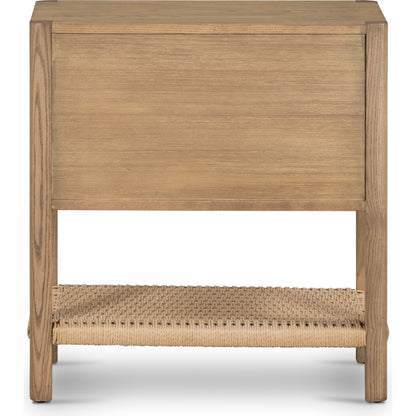 Zuma Nightstand by Four Hands in dune ash veneer, gunmetal, natural paper cord and dune ash. Made from ash veneer, rush in a cottage & farmhouse style.