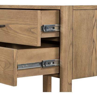 Zuma Nightstand by Four Hands in dune ash veneer, gunmetal, natural paper cord and dune ash. Made from ash veneer, rush in a cottage & farmhouse style.