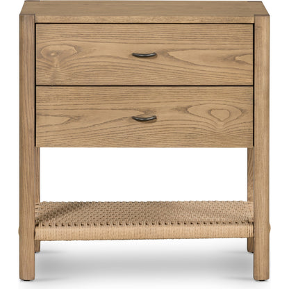 Zuma Nightstand by Four Hands in dune ash veneer, gunmetal, natural paper cord and dune ash. Made from ash veneer, rush in a cottage & farmhouse style.