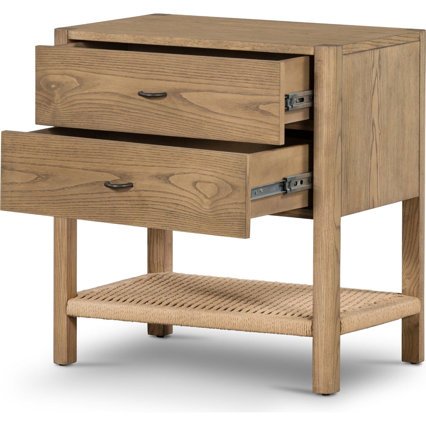 004 SI-1901641 | Additional Silo | Zuma Nightstand by Four Hands in dune ash veneer, gunmetal, natural paper cord and dune ash. Made from ash veneer, rush in a cottage & farmhouse style.