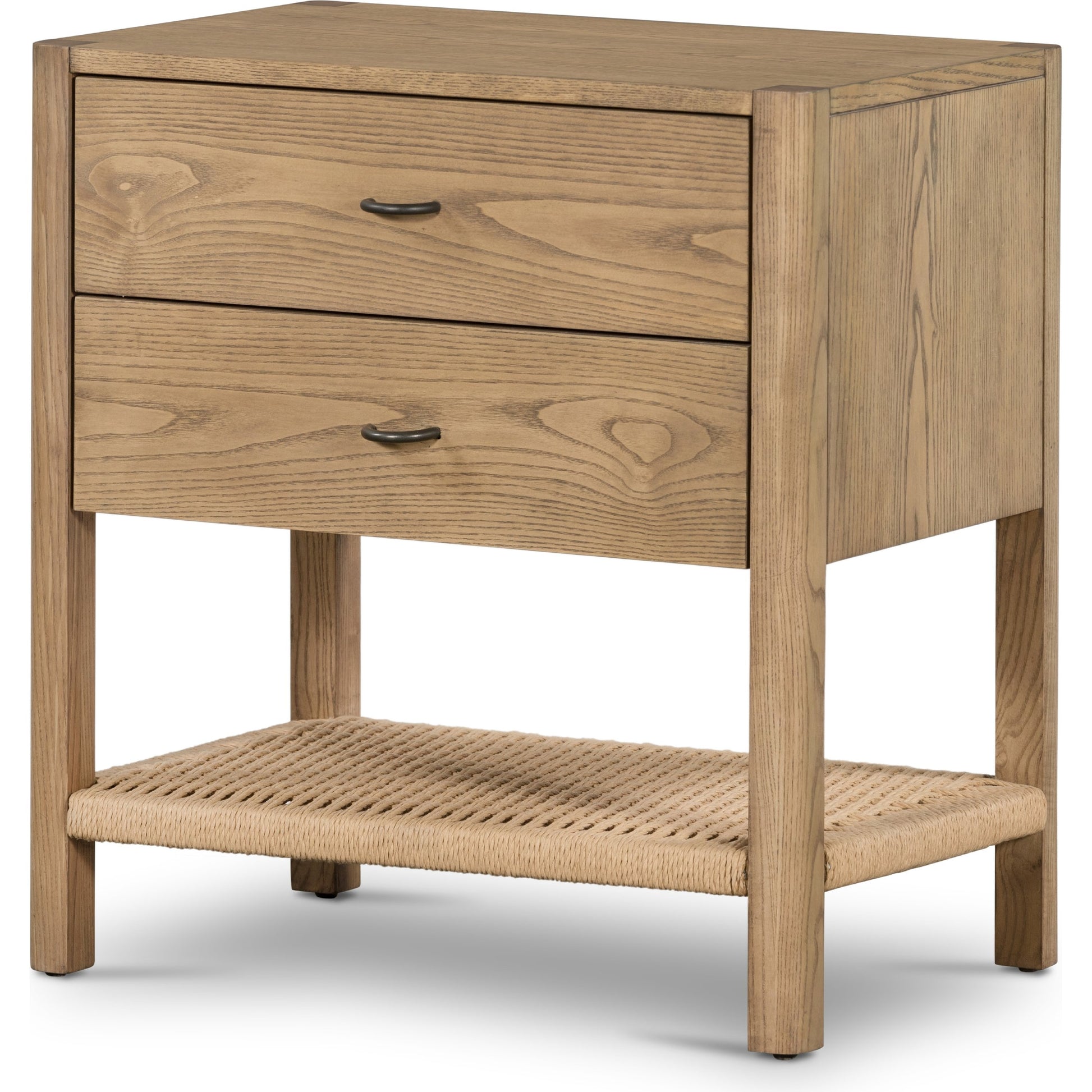 Zuma Nightstand by Four Hands in dune ash veneer, gunmetal, natural paper cord and dune ash. Made from ash veneer, rush in a cottage & farmhouse style.