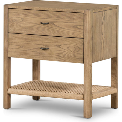 Zuma Nightstand by Four Hands in dune ash veneer, gunmetal, natural paper cord and dune ash. Made from ash veneer, rush in a cottage & farmhouse style.