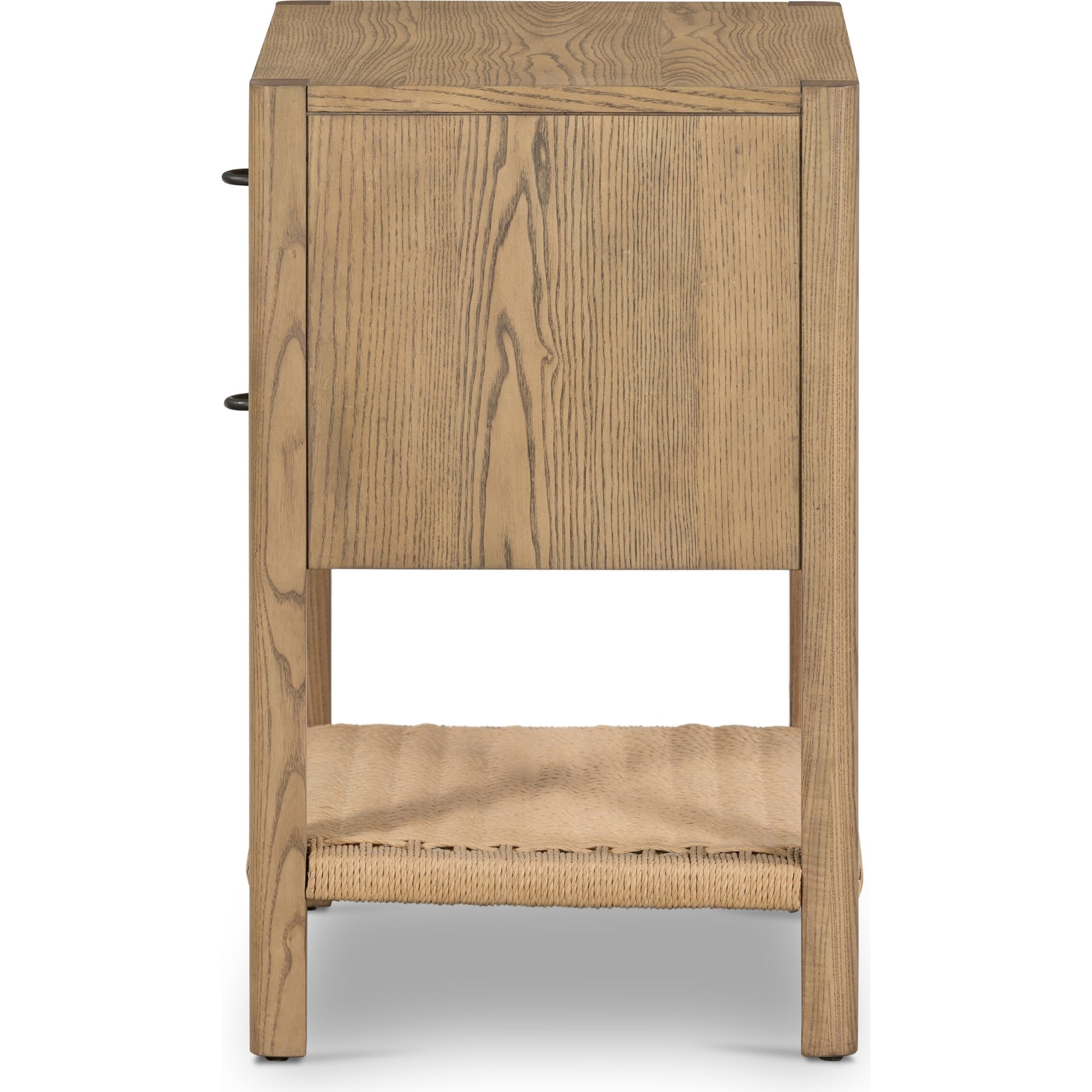 Zuma Nightstand by Four Hands in dune ash veneer, gunmetal, natural paper cord and dune ash. Made from ash veneer, rush in a cottage & farmhouse style.