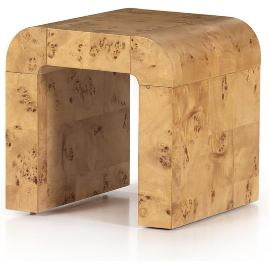 Jenson End Table by Four Hands in natural poplar burl veneer and natural poplar burl. Made from poplar burl veneer in a coastal style.