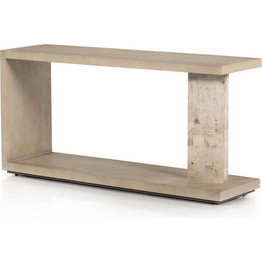 Darian Console Table by Four Hands in white mahogany, bleached burl, beige and white mahogany, bleached burl. Made from thick mahogany veneer, ash burl veneer, engineered hardwood in a modern style.