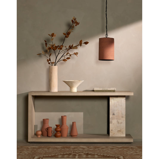 Darian Console Table by Four Hands in white mahogany, bleached burl, beige and white mahogany, bleached burl. Made from thick mahogany veneer, ash burl veneer, engineered hardwood in a modern style.