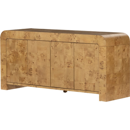 Jenson Media Console by Four Hands in natural poplar burl veneer and natural poplar burl. Made from poplar burl veneer in a coastal style.