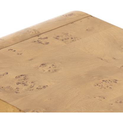 Jenson Media Console by Four Hands in natural poplar burl veneer and natural poplar burl. Made from poplar burl veneer in a coastal style.