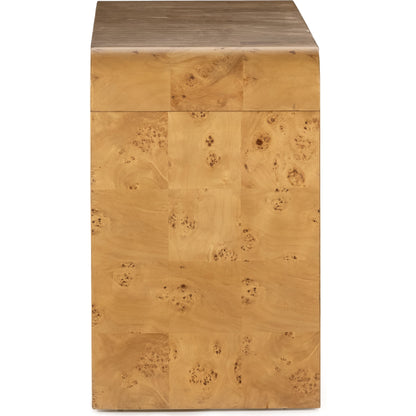 Jenson Media Console by Four Hands in natural poplar burl veneer and natural poplar burl. Made from poplar burl veneer in a coastal style.